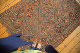 Vintage Kamseh rug showing geometric panels with varied animal motifs in terra cotta and navy.