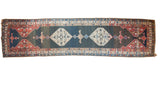 Vintage hand-knotted Kurdish Bijar runner, blue-gray field, double diamond medallions, red and ivory.