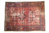 Antique hand-knotted Lilihan carpet with asymmetric floral-boteh design, raspberry field, and sapphire abrash, 8'9