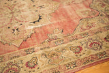 Hand knotted antique Kerman rug's border with ivory, sage, and faded red palmettes.