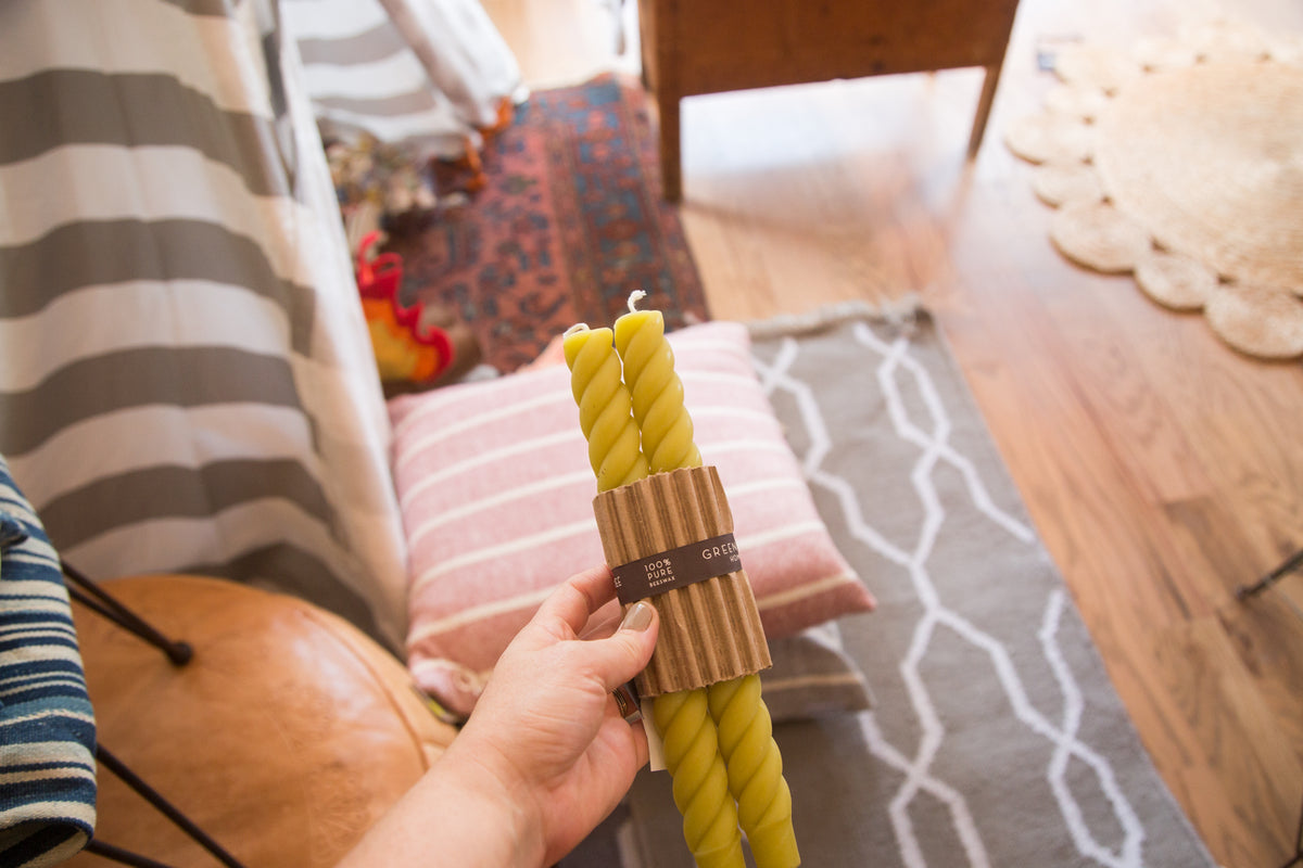 Pair of rope design beeswax taper candles, bamboo green, 10 inches.