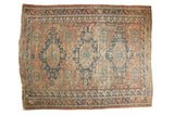 Antique Caucasian Soumac carpet, triple oblong medallions, intricate field, pale brick red, indigo, ivory.