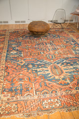 Detail of antique Karaja rug with rectilinear mapping, brick red palmettes, and sky blue.