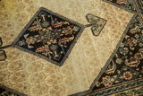 Antique Malayer Serab rug: dark navy medallion, blush herati motifs, and beige rams horn design.