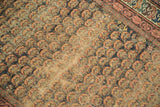 Antique Caucasian Soumac runner's worn field revealing foundation, repeating shrub motifs, madder red, navy.