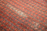 Intricate brick red, sky blue, and ivory shrub boteh pattern on antique Malayer pile.