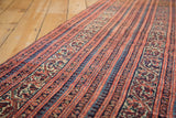 Striped antique Malayer rug runner showcasing red, blue Laleh Abbasi and stylized vinery.