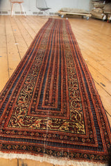 Antique Malayer runner showing repeating borders of brick red Serbend vinery and blue pawn motifs.