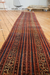 Antique Malayer runner detail: Serbend vinery, botehs, and pawn motifs in rich brick red and sky blue.
