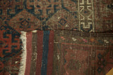 Antique Belouch rug's geometric pile, age-revealed foundation, striped kilim, and goats hair selvage.