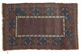 Antique Fine Belouch rug, aubergine boteh field, indigo and terra cotta guls, wave border, aged patina.