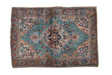 Vintage hand-knotted Persian Lilihan rug with aqua blue and blush medallion, floral design, 3'5