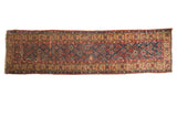 Antique Kurdish runner, Garden of Paradise motif on navy blue, madder red, saffron tones, 3.5x13.5.