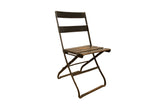 Vintage French folding cafe chair with aged metal frame and patinaed wooden slats.