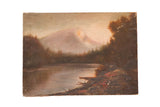 Antique landscape painting: serene lake, dark trees, distant pink mountain, soft patina.