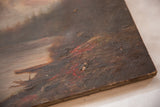 Detail of antique mountain landscape painting's lower right, showing textured impasto and paint loss.