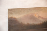 Corner detail of antique mountain landscape painting, showing visible canvas texture and discoloration.