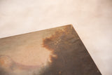 Upper right corner of antique landscape painting, revealing spots and discoloration.