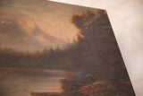 Angled detail of antique mountain painting canvas texture, muted tones, and discoloration.