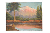 Vintage mountain landscape painting with pink peaks, green trees, and blue lake reflections.