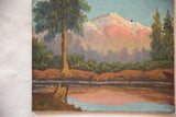 Vintage mountain landscape painting with pink peaks, light blue sky, and a hole near the mountain.
