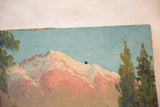 Textured vintage painting detail showing pink mountain peak, light blue sky, and visible hole.