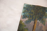 Small hole and textured green paint on vintage mountain landscape painting.