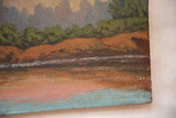 Textured detail of light blue lake and pink reflection in the vintage landscape painting.