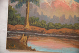 Artist's signature on lower left of vintage landscape painting, showing water reflection.