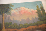 Vintage landscape painting detail showing textured pink mountain, light blue sky, green trees, small holes.