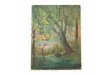 Vintage Tree and Lake painting with beautiful green foliage and pink blossoms on canvas, 16x22 inches.