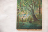 Vintage painting detail: pink blossoms, green foliage, and blue lake water.