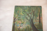 Upper right of vintage painting, highlighting green foliage, pink blossoms, and canvas showing age.
