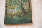 Detailed bottom edge of vintage painting, showing shades of green landscape and worn canvas.