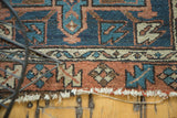 Antique Karaja rug border, geometric design in blue, terra cotta, ivory, tattered fringe.