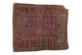 Antique Turkmen geometric pictorial square rug with prayer niche. Raspberry, madder red, navy.