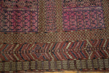 Detailed geometric pictorial field, crab style, and serrated leaf borders in hot pink, navy, madder red.