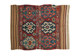 Vintage Shahsavan Kilim rug with crab-stylized medallions in red, blue, and blush, 3'3