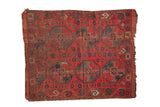 Cherry red vintage Beshir rug with navy blue double column gul motifs, aged patina, 3'9