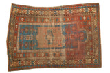 Antique Prayer Kazak rug, square medallion, prayer niche, madder red, sky blue, beige, 4'11