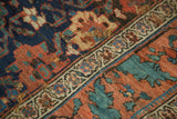 Antique Persian Kurdish runner detail: Mina Khani pattern, navy, terracotta, teal, and visible pile wear.