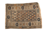 Antique Caucasian square rug, navy and tangerine floral patterns, serrated borders, 3'2