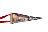 Vintage navy felt pennant with colorful illuminated Niagara Falls, red ribbons.
