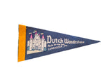 Vintage Dutch Wonderland felt pennant showing light blue castle, pink flags, and white text.