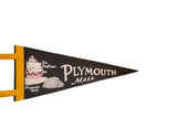 Vintage black felt pennant with classic Mayflower and Plymouth Rock graphic design.