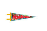 Vintage 1970s Monkey Jungle Miami felt pennant: blue ground, red text, gorillas, and monkeys on tricycle.