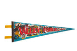 Vintage 1970s blue felt pennant featuring Valley Forge PA text and colonial figures.