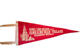 Vintage red felt pennant for Henry Ford Museum and Greenfield Village, white graphic.