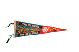 Vintage 1970s Terre Des Hommes Montreal felt pennant with colorful retro graphics and green ties.