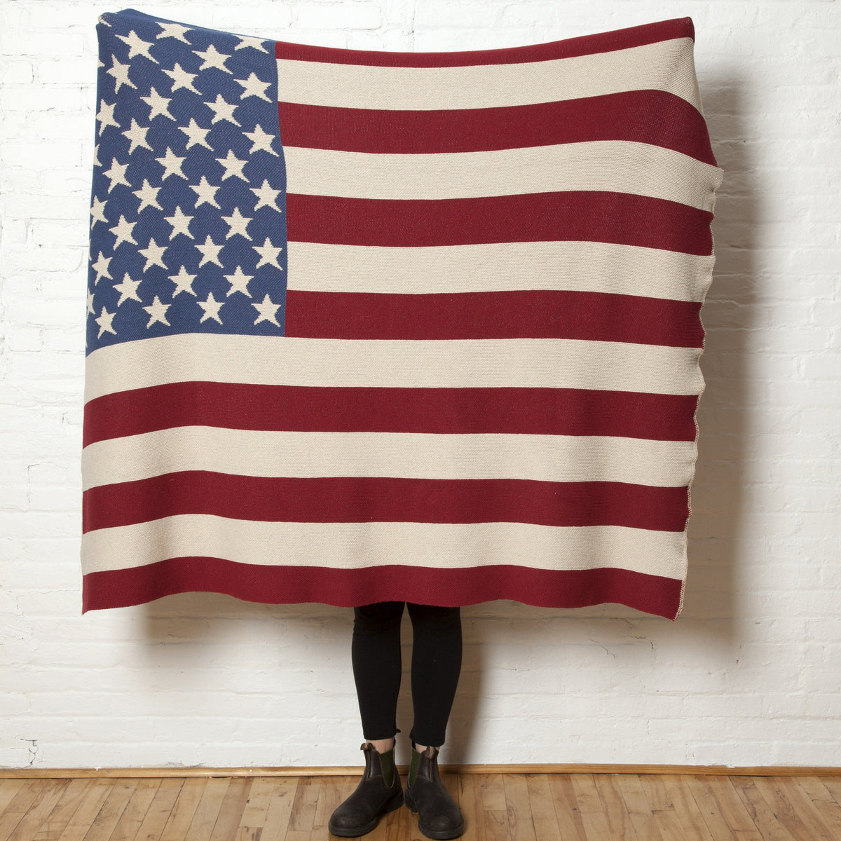 Vintage American Flag Blanket with red, cream, and blue stars and stripes design, 50x60 inches.